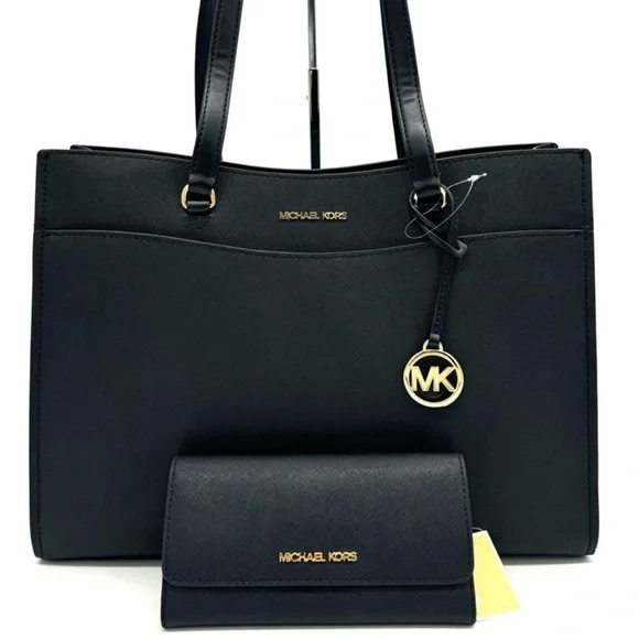 Michael Kors Large MF Pocket Shoulder Tote Bag & Trifold Wallet Black/Gold